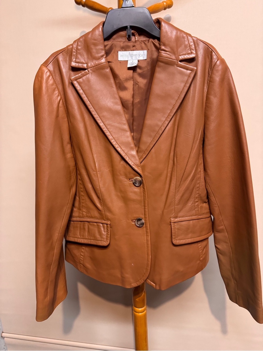 Petite Sophisticate Camel Colored Genuine Leather Blazer Jacket. Size Small